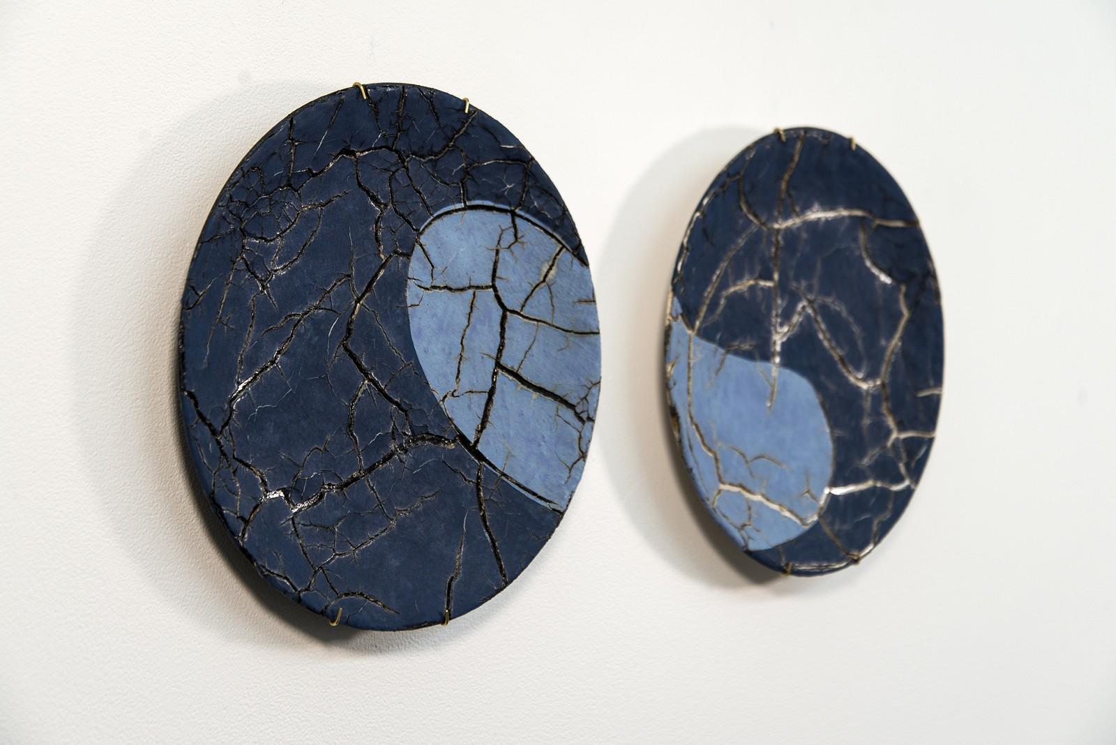 TP No 1 - blue, textured, pair, ceramic, wall mounted circular sculpture 1