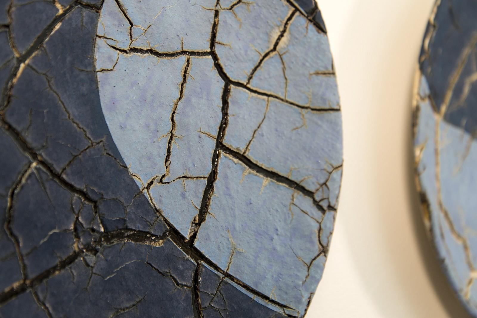 TP No 1 - blue, textured, pair, ceramic, wall mounted circular sculpture 2