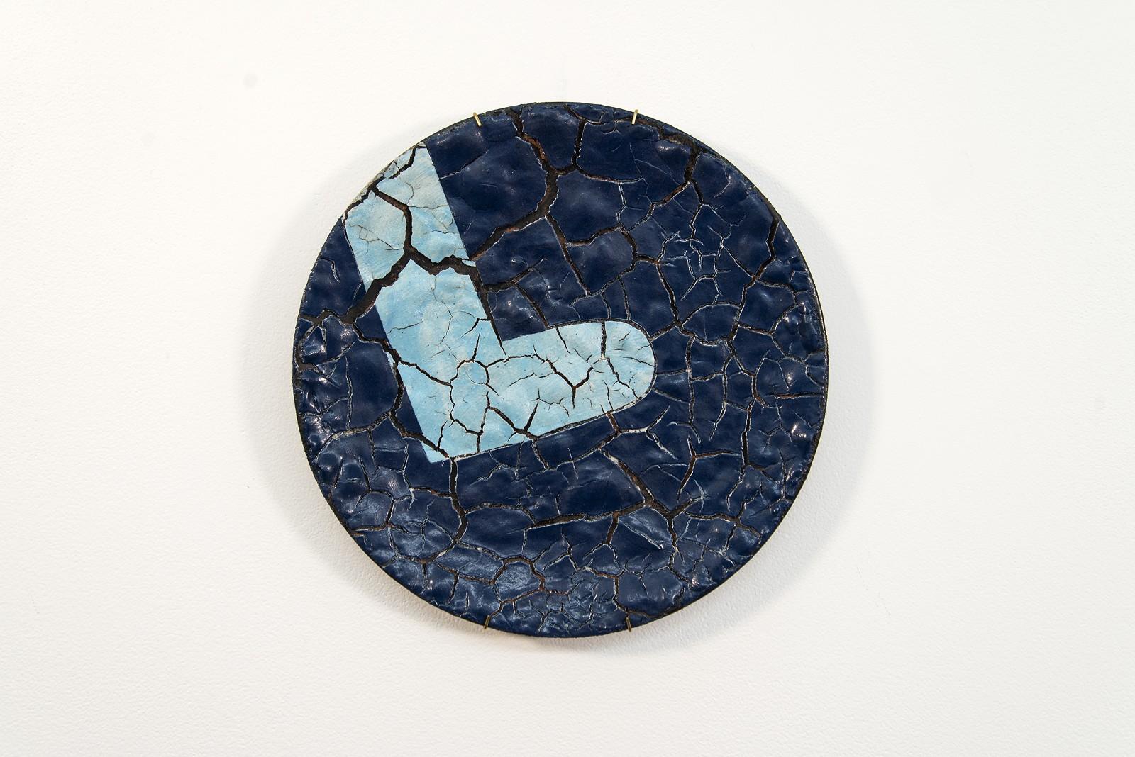 Steven Heinemann Abstract Sculpture - TP No 2 - blue, textured, ceramic, wall mounted circular sculpture