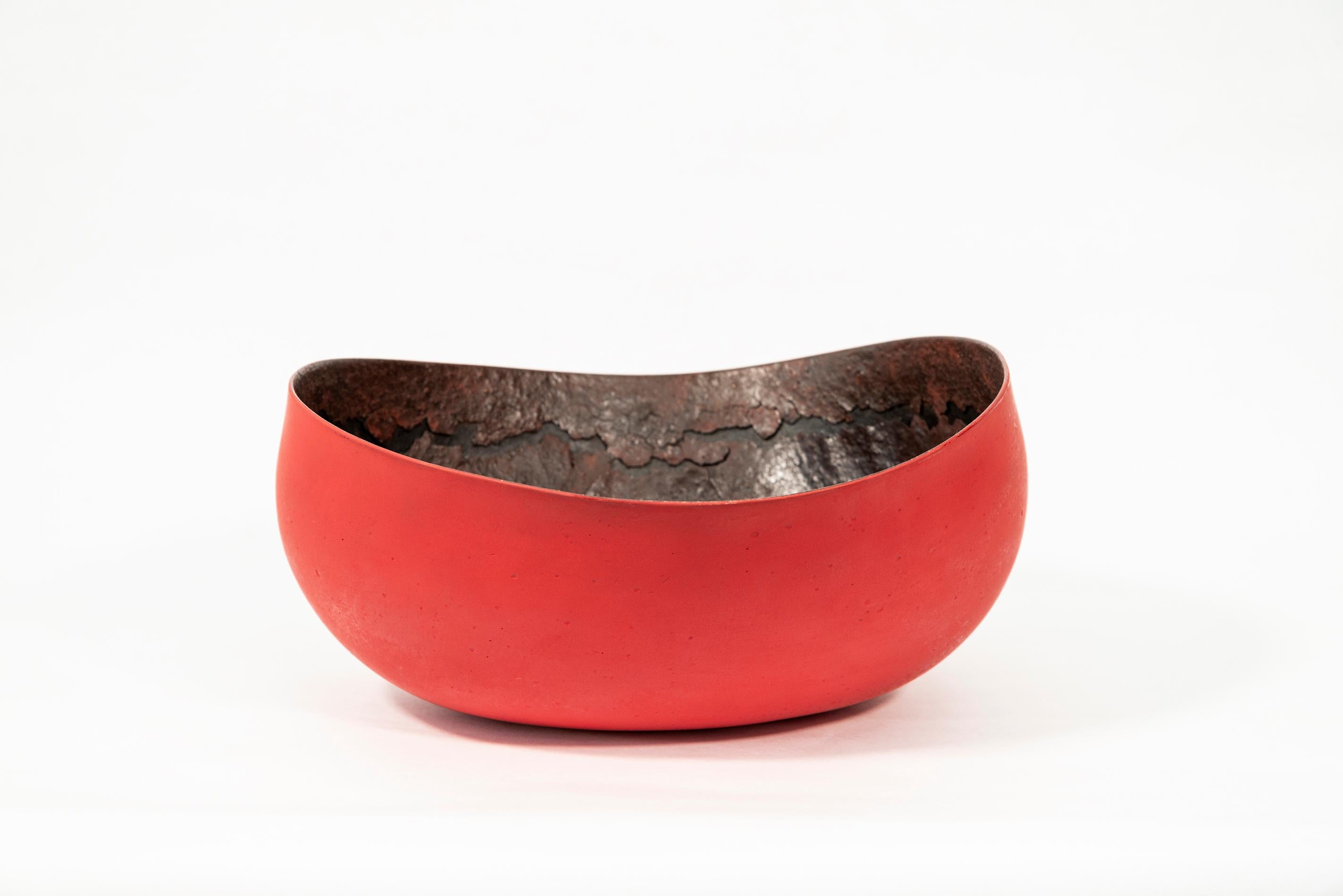 Steven Heinemann Abstract Sculpture - Untitled Bowl (Red)  -  red, black, nature inspired, textured, ceramic vessel