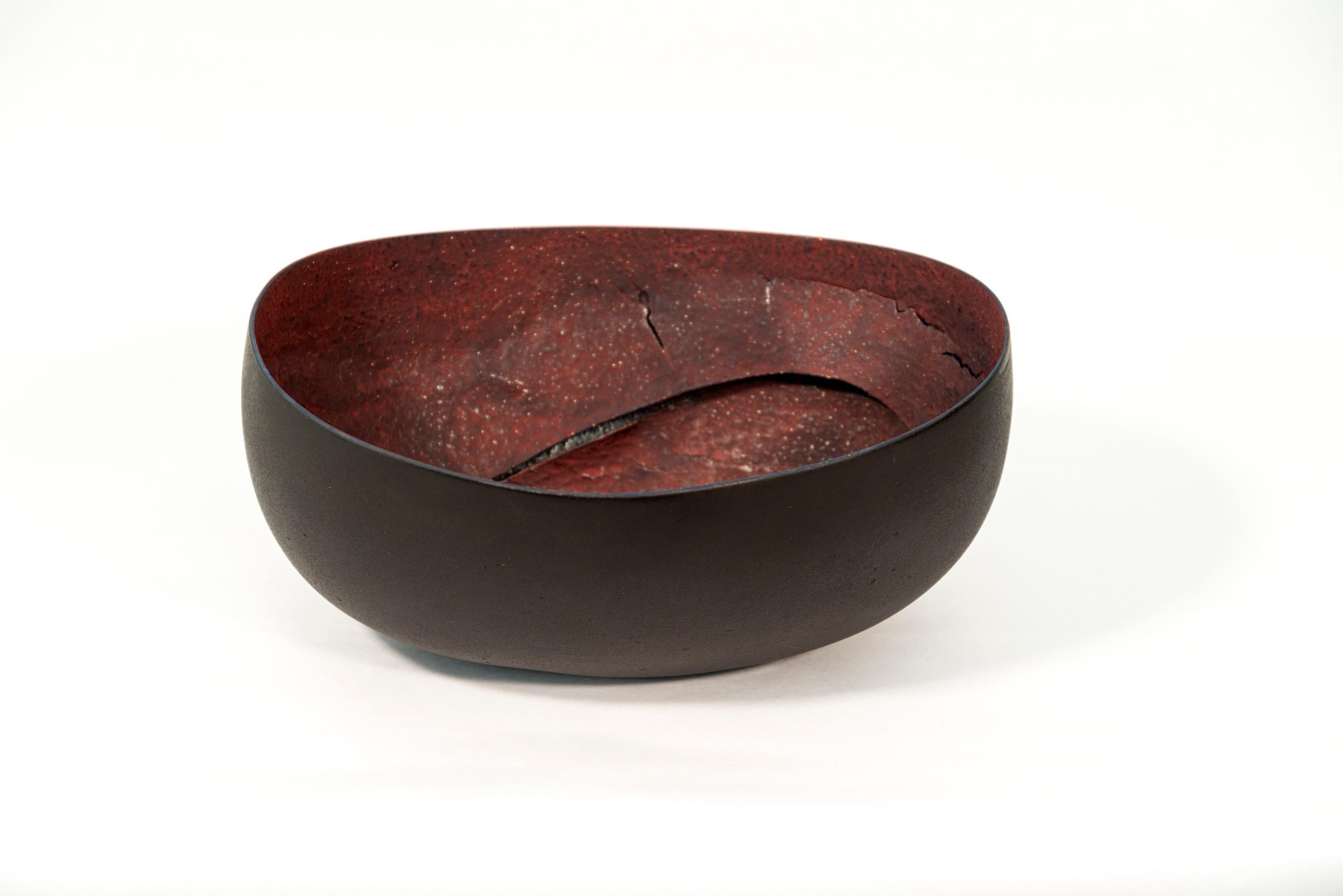 Steven Heinemann Abstract Sculpture - Untitled Bowl (Black) - black, red, nature inspired, textured, ceramic vessel