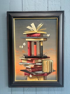 „Bücher und Schmetterlinge 6“, Ölgemälde, Literatur mit orangefarbenem Sonnenuntergang, surreal, Ölgemälde