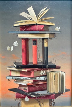 "Books and Butterflies 6" oil painting, literature w orange sunset sky, surreal