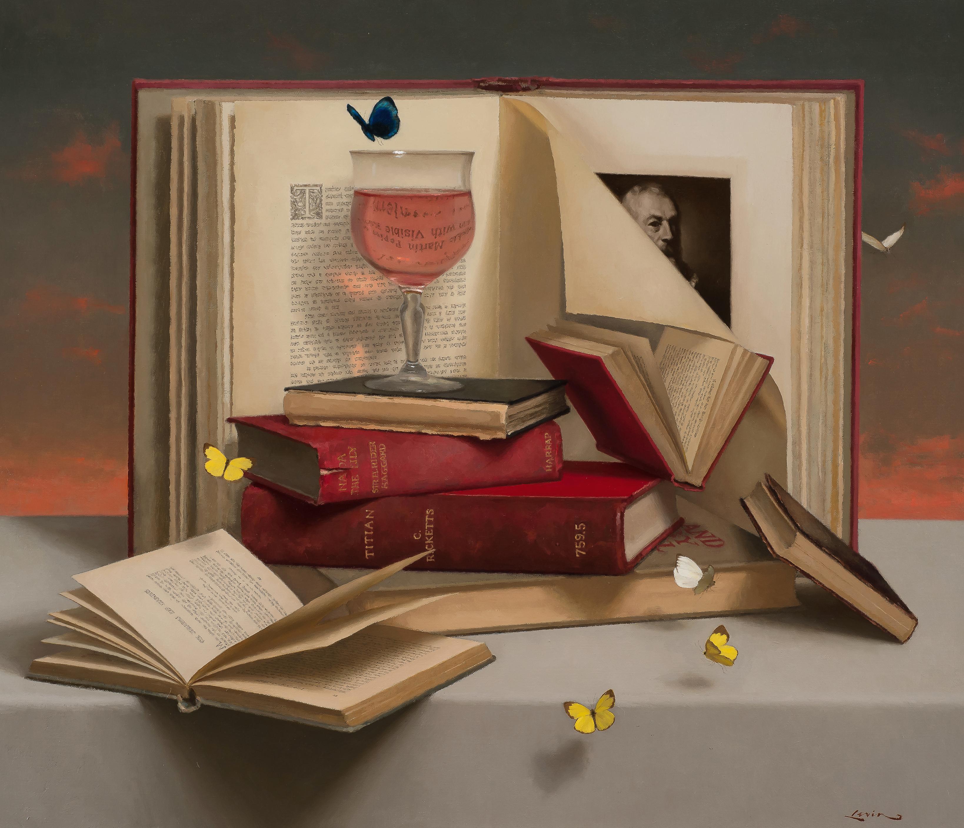 Steven J. Levin Still-Life Painting - Books with Wine Glass