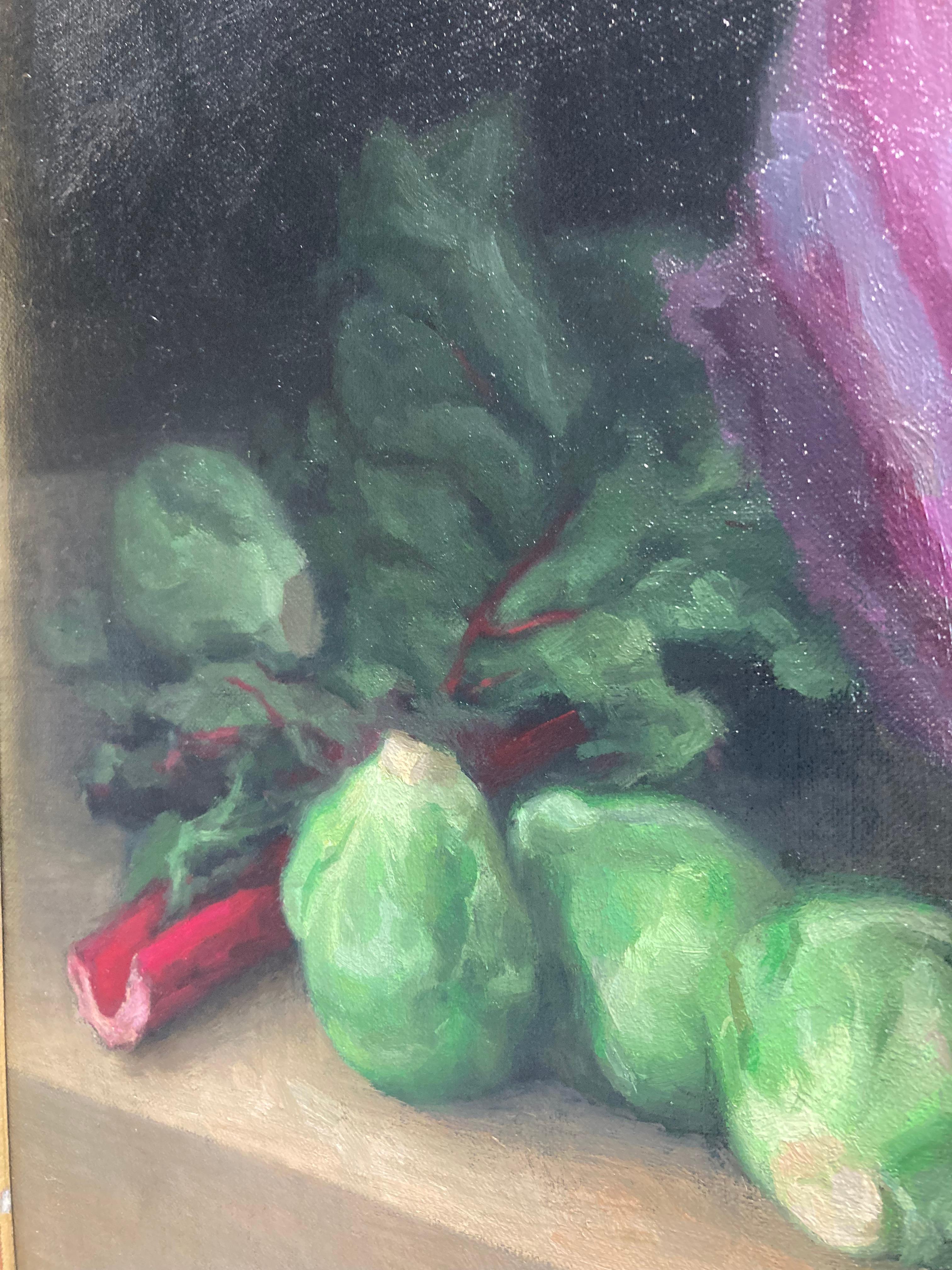 American realist painter Steven Levin expertly renders the textures of green vegetables and the wood table they rest on. Levin uses chiaroscuro to dramatize this simple scene of cabbages and chard.  Leafy greens, purple cabbage, red chard stems,