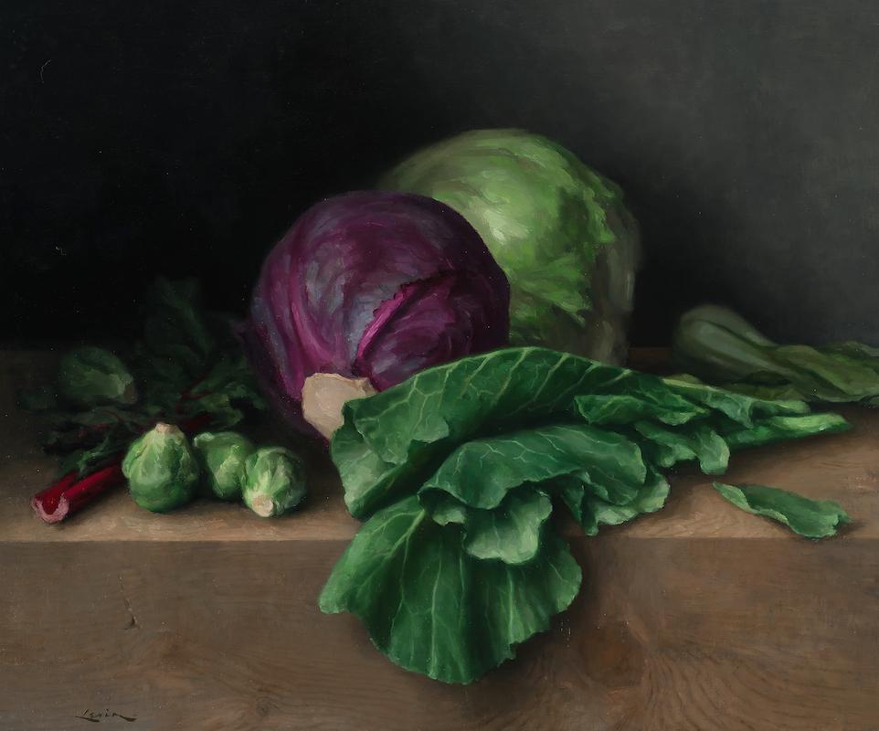 Steven J. Levin Still-Life Painting - "Cabbages and Chard" contemporary realist painting, a bounty of greens