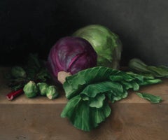 "Cabbages and Chard" contemporary realist painting, a bounty of greens