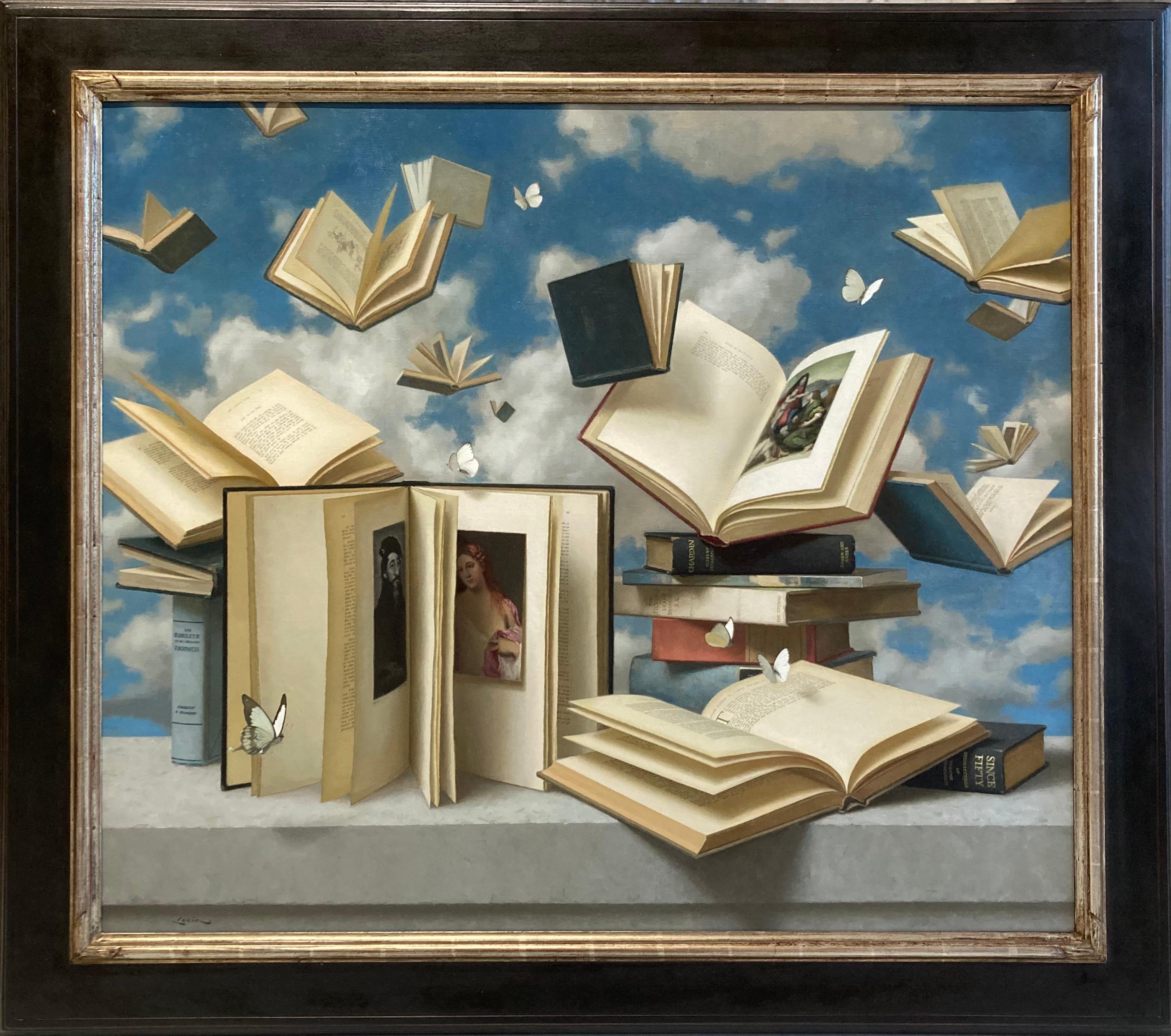 Floating Books and Butterflies - 2023 Surrealist still life and skyscape - Painting by Steven J. Levin