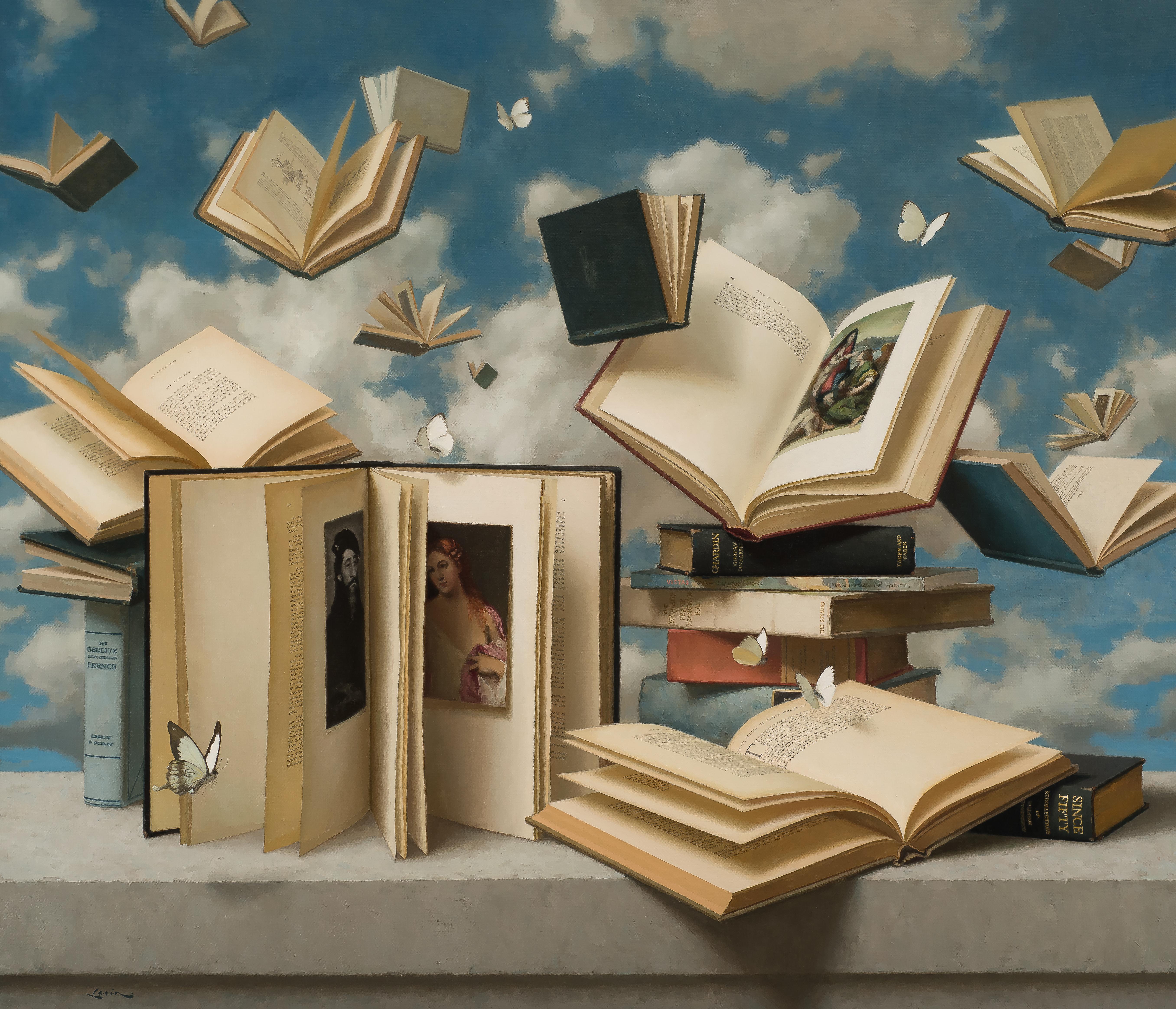 Floating Books and Butterflies - 2023 Surrealist still life and skyscape