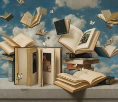 Floating Books and Butterflies - 2023 Surrealist still life and skyscape