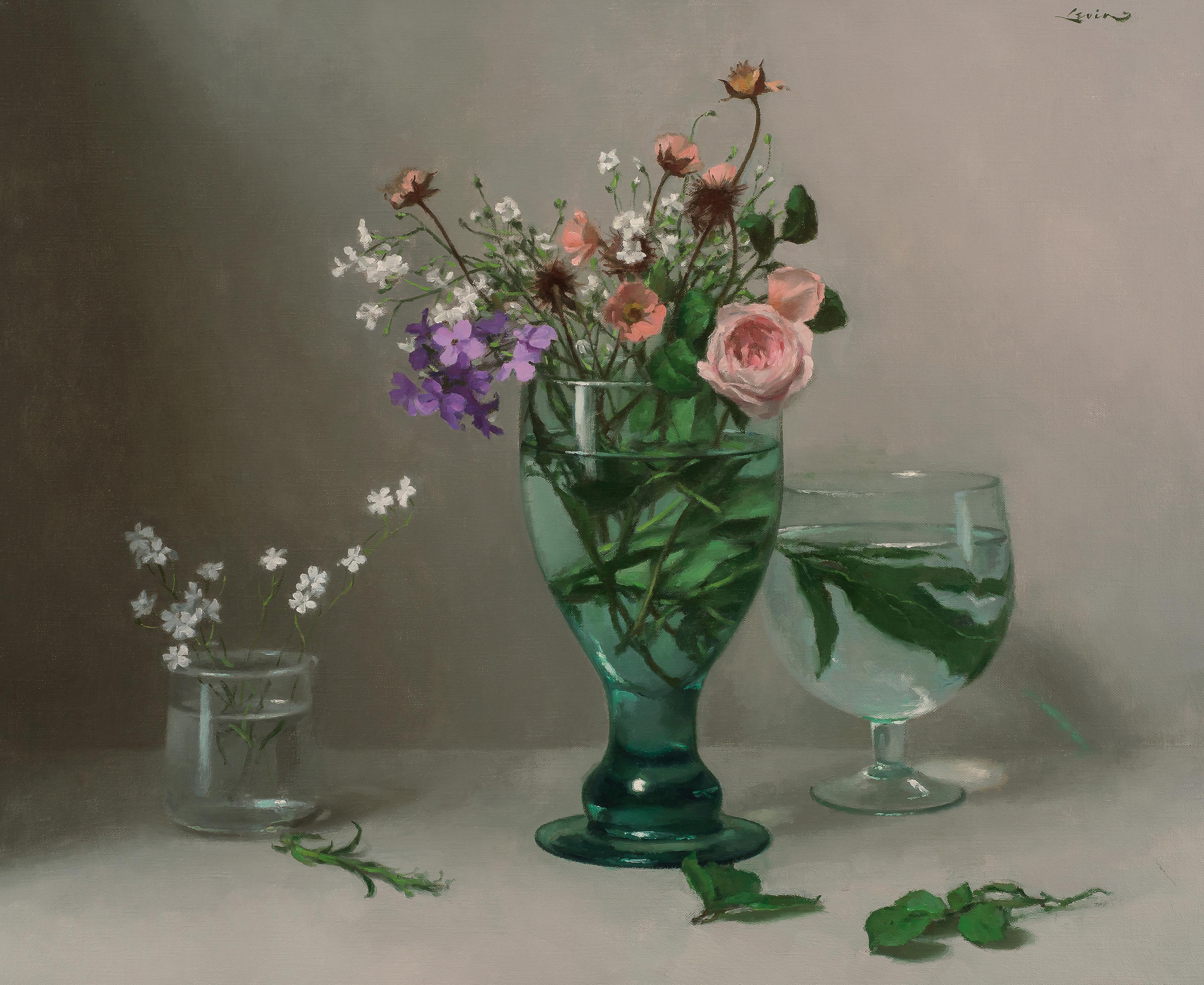 "Flowers in Goblet" - still-life realist oil painting, bud roses in 3 glasses