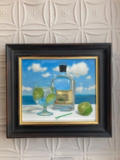 "Gin and Tonic" oil painting, contemporary realist, cocktail seaside with lime