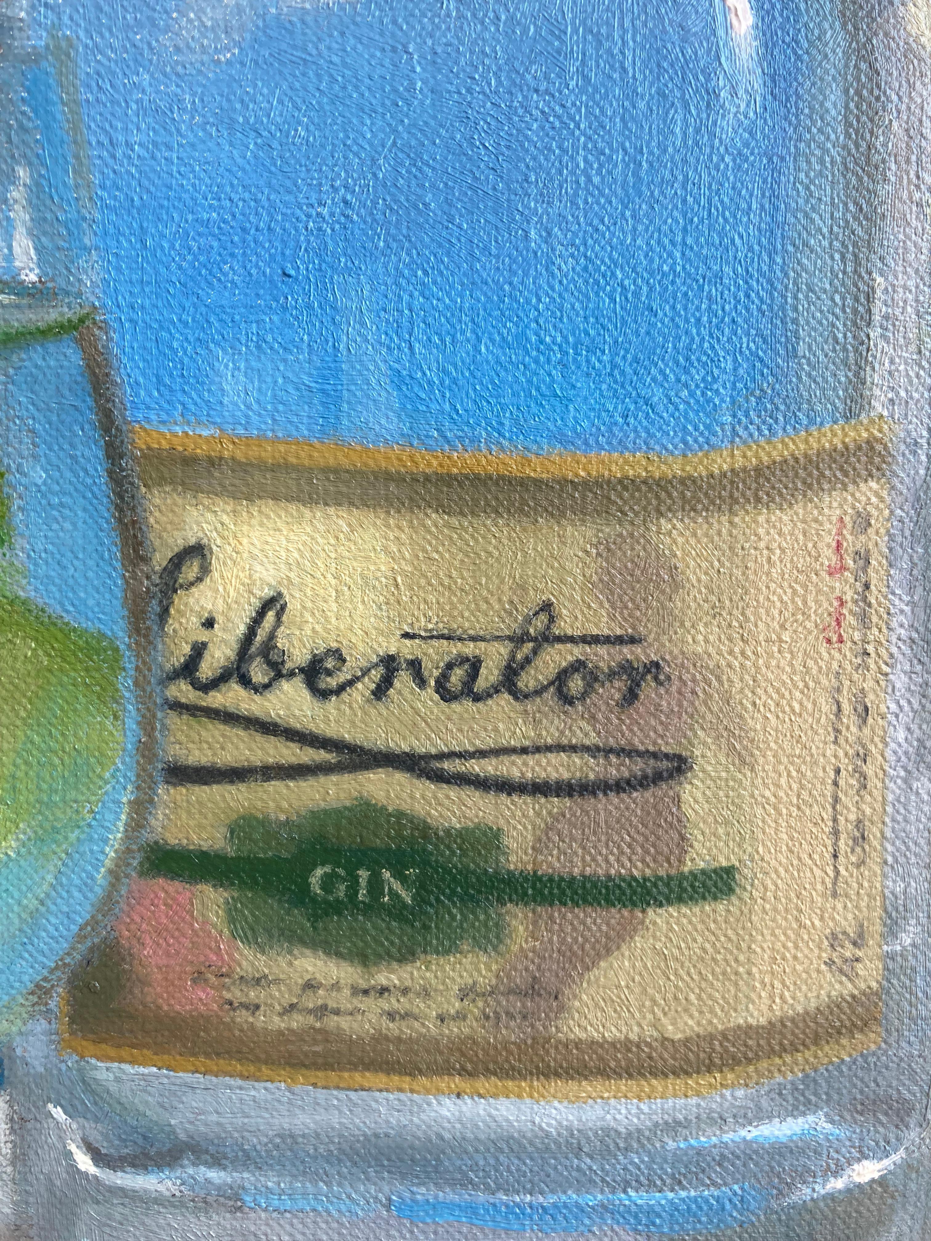 Un óleo del pintor realista estadounidense Steven Levin. Aquí, Levin representa un bodegón que transporta al espectador a una isla tropical con su imagen realista de gin-tonic sobre un fondo de paisaje marino. Enmarcado en un sencillo marco negro.
