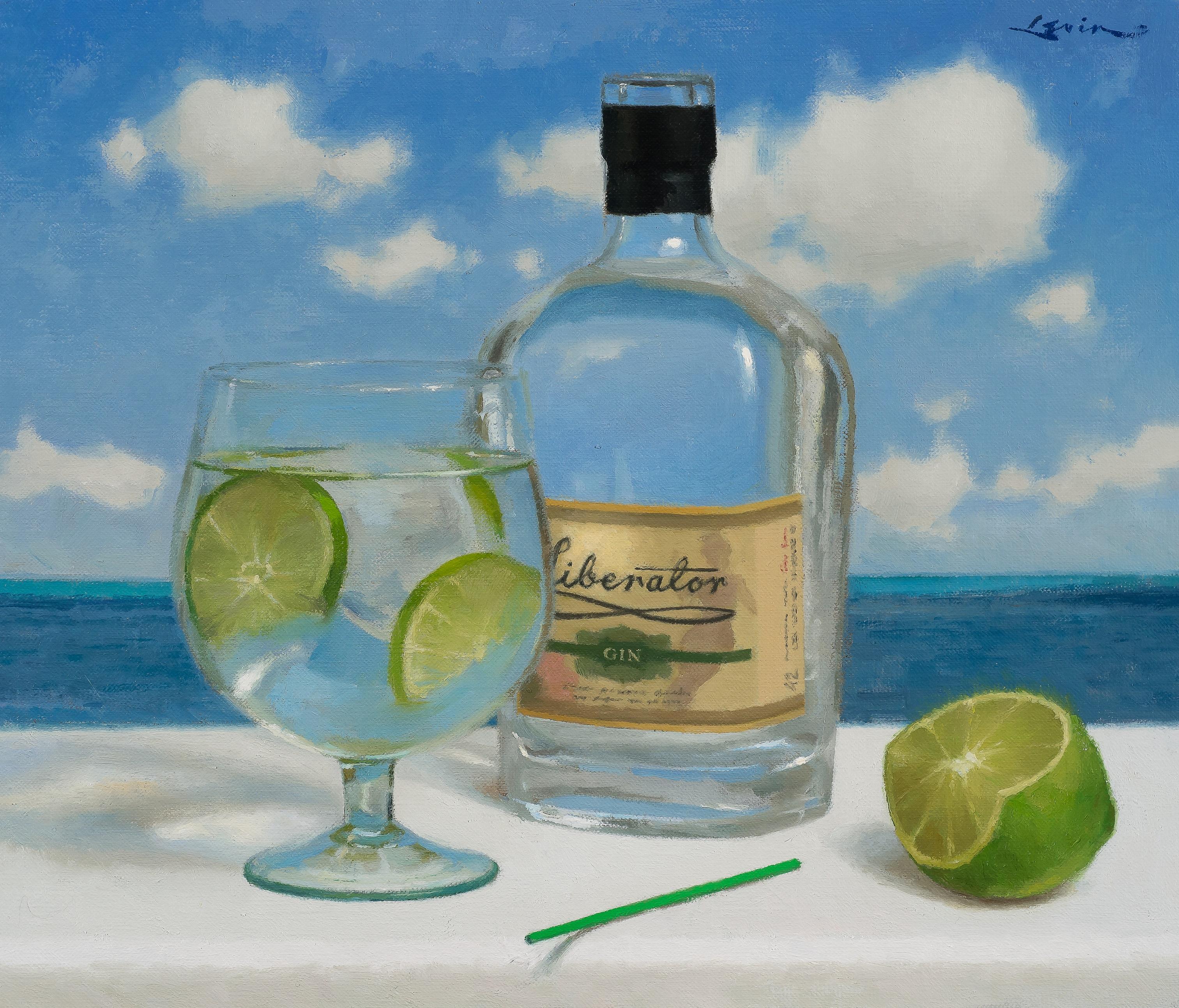 Steven J. Levin Still-Life Painting – "Gin und Tonic" - Ölgemälde, zeitgenössischer Realist, Cocktail am Meer mit Limette
