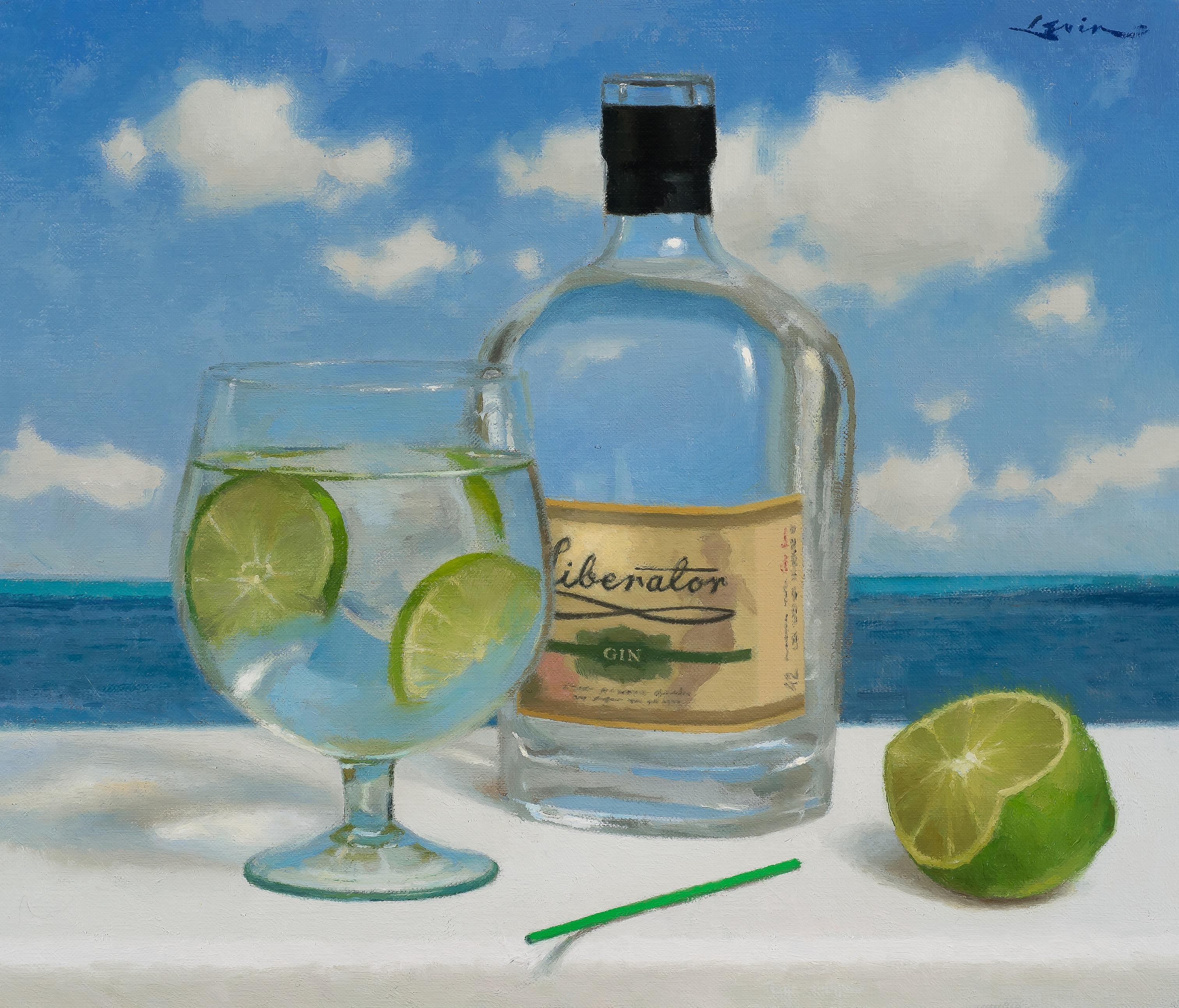 Still-Life Painting de Steven J. Levin - "Gin Tonic" - pintura al óleo, realista contemporánea, cóctel junto al mar con lima