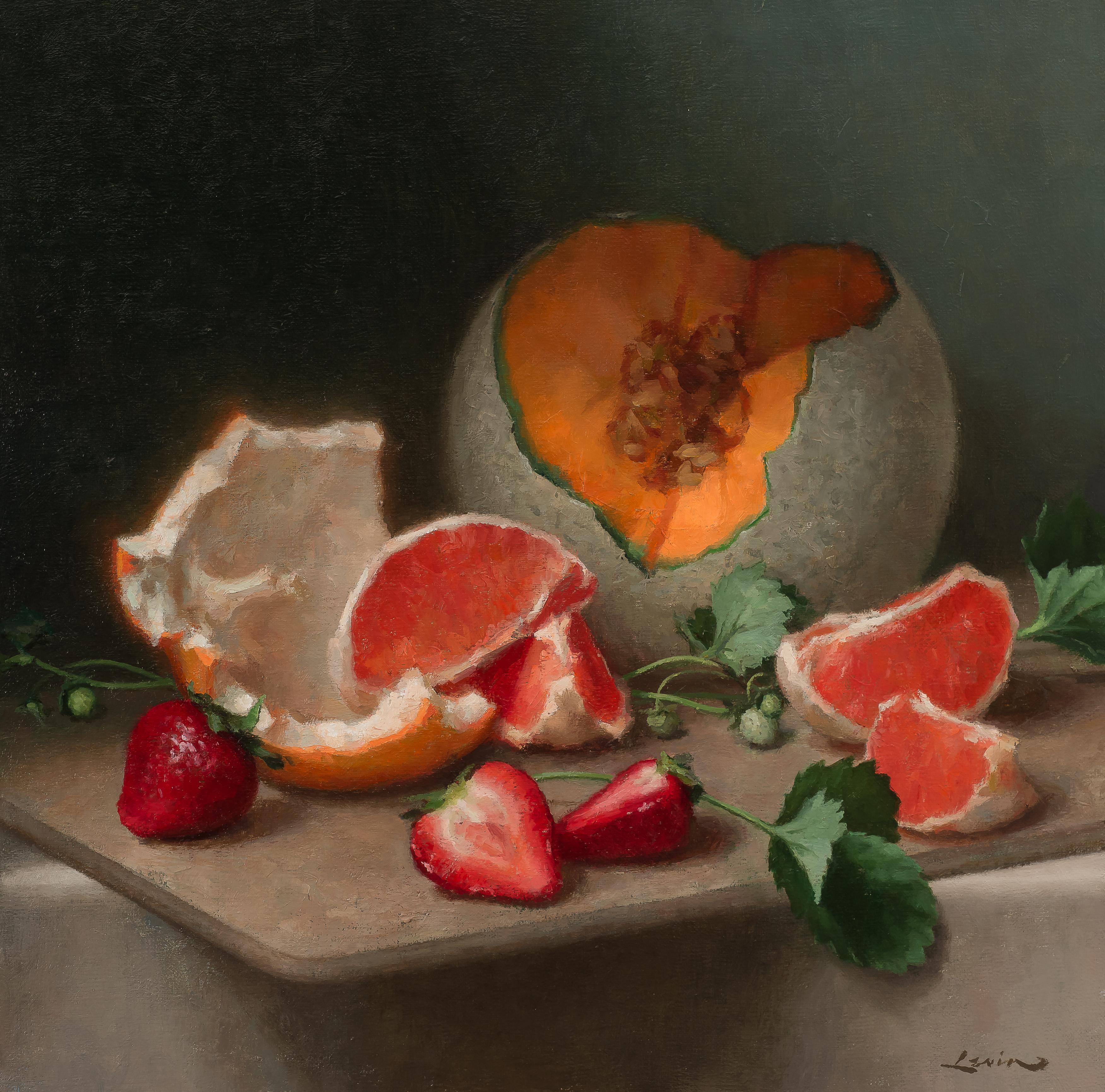 Interior Painting de Steven J. Levin - "Pomelo y fresas" Bodegón realista clásico de fruta, Minnesota