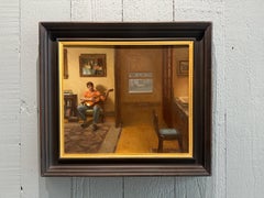 Quadro ad olio "Guitar", musicista seduto con lo strumento in un interno accogliente, incorniciato