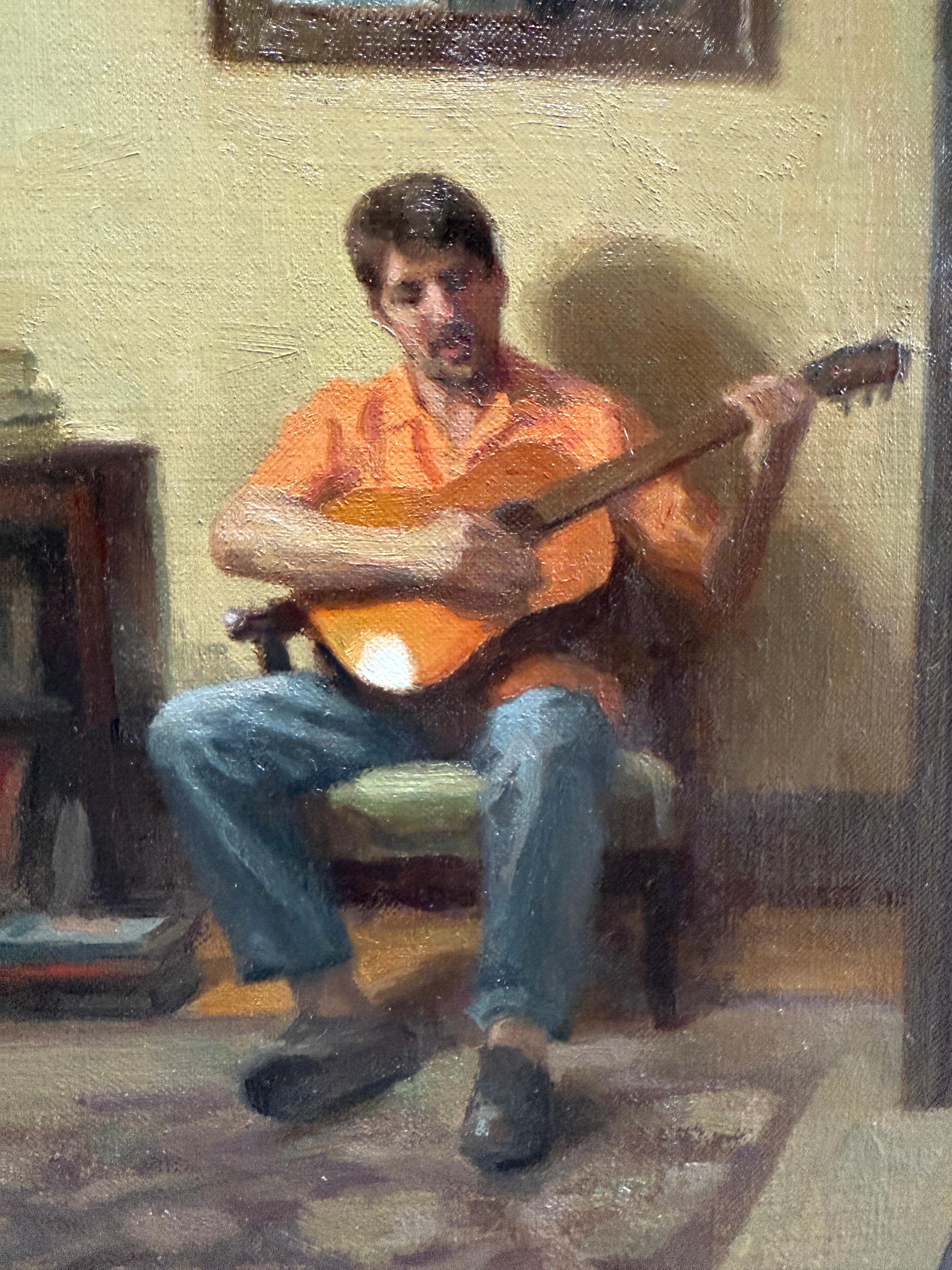 Un dipinto a olio del pittore realista americano Steven J. Levin. Levin presenta un interno dai toni neutri,  dove un uomo siede comodamente su una sedia, con la schiena appoggiata al muro, e suona una chitarra.  L'uomo indossa una polo arancione,