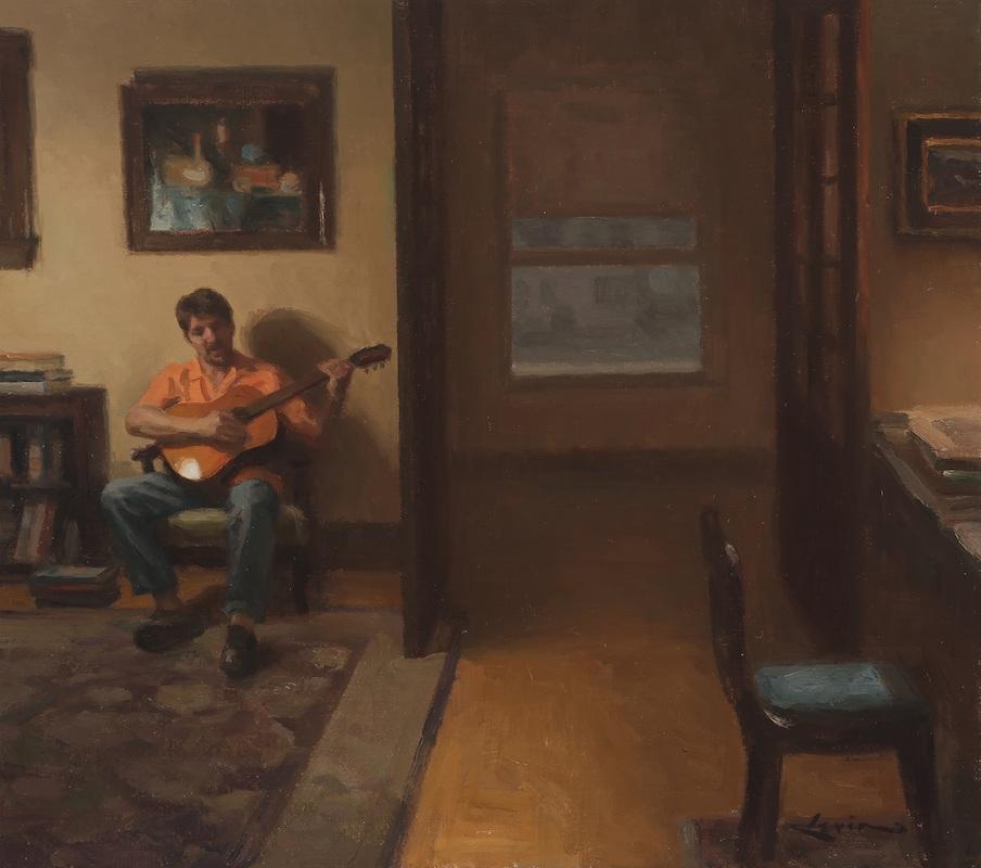 Interior Painting di Steven J. Levin - Quadro ad olio "Guitar", musicista seduto con lo strumento in un interno accogliente, incorniciato
