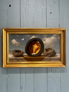 "Hat and Bird's Nests" oil painting surrealist still life eggs, feathers, silk