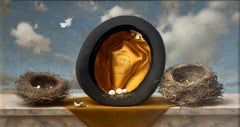 "Hat and Bird's Nests" oil painting surrealist still life eggs, feathers, silk