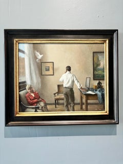 "Message" - poetic realist oil on canvas painting, man and woman on phones