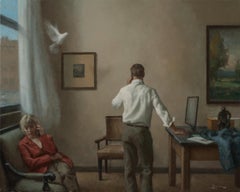"Message" - poetic realist oil on canvas painting, man and woman on phones