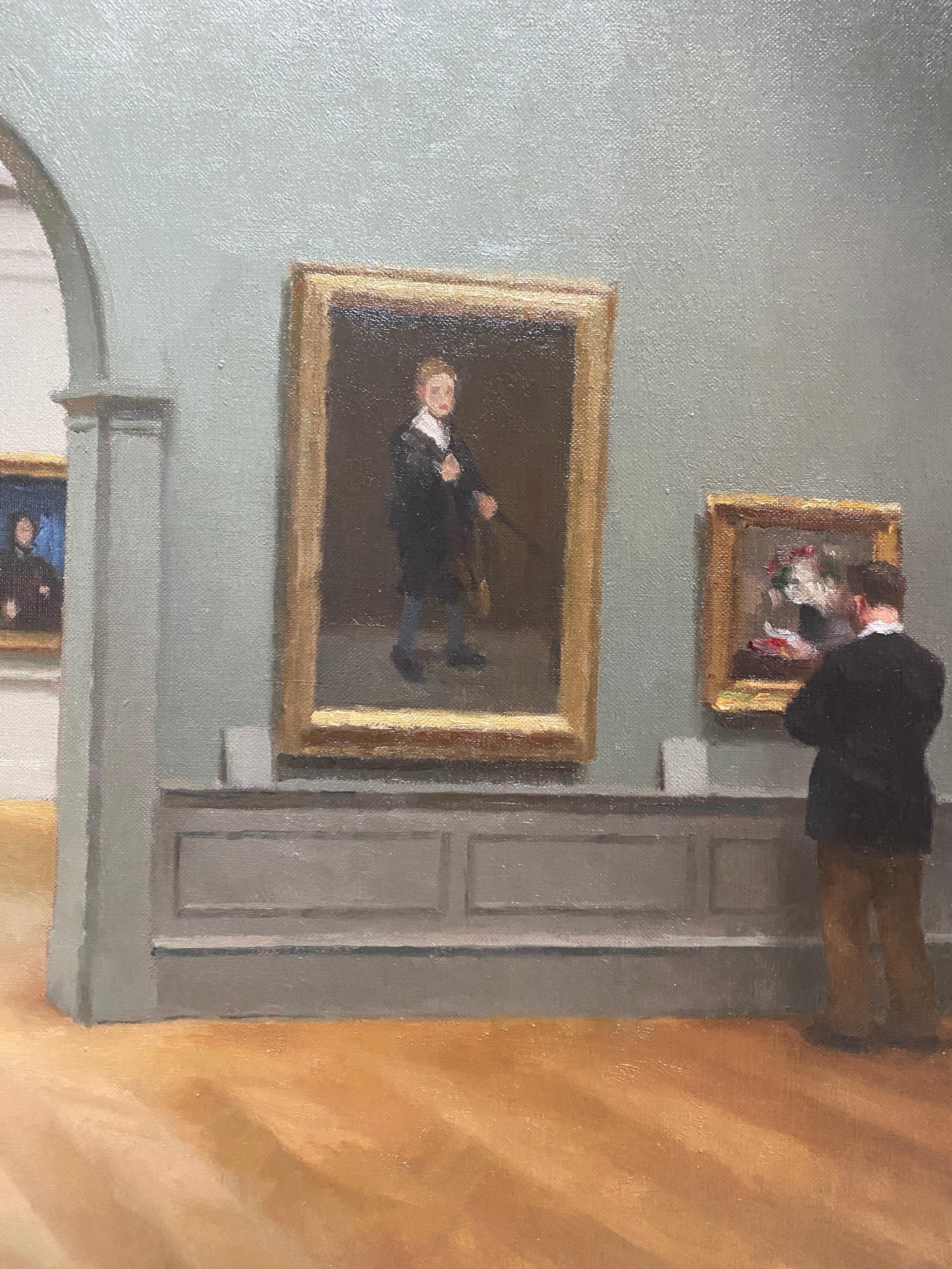 An oil painting of the interior of the Impressionist Room at The Metropolitan Museum of Art in New York City. A large room of many paintings invites just one figure to gaze upon in solitude, as through the archway to the next room, we see two more