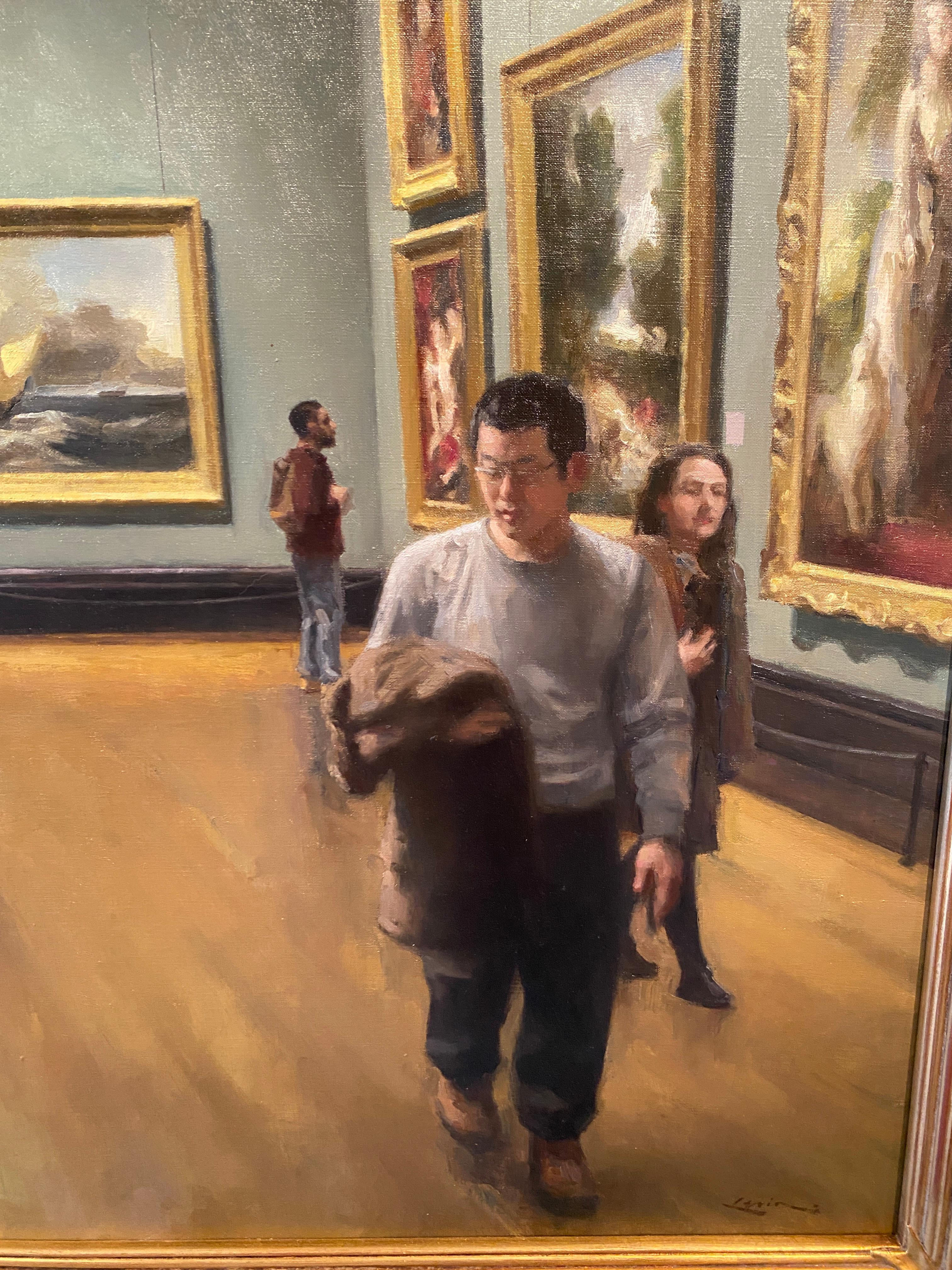 An oil painting of the interior of The National Gallery museum in London. A multi-figure composition, of people inside a grand room filled with some of the world's most famous paintings, including John Constable's 1821 painting 