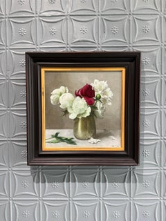 "Peonies in Brass Vase" classical realist still life painting, signed & framed