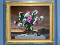 "Pivoines avec médaillon" peinture contemporaine surréaliste de nature morte, coucher de soleil.