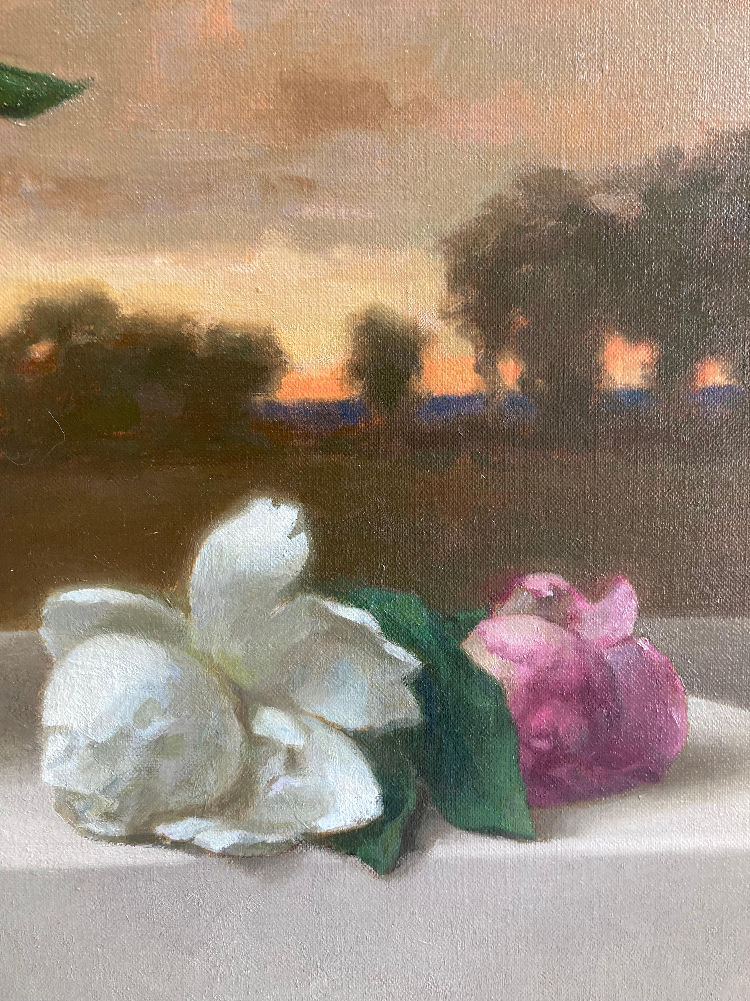 A moody and surrealistic still life of peonies. While the scene seems to take place outside, the reflection in the vase reveals a window with light streaming into a dark room. As always, Levin's painting invites viewers to look closely. 