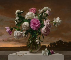 "Pivoines avec médaillon" peinture contemporaine surréaliste de nature morte, coucher de soleil.