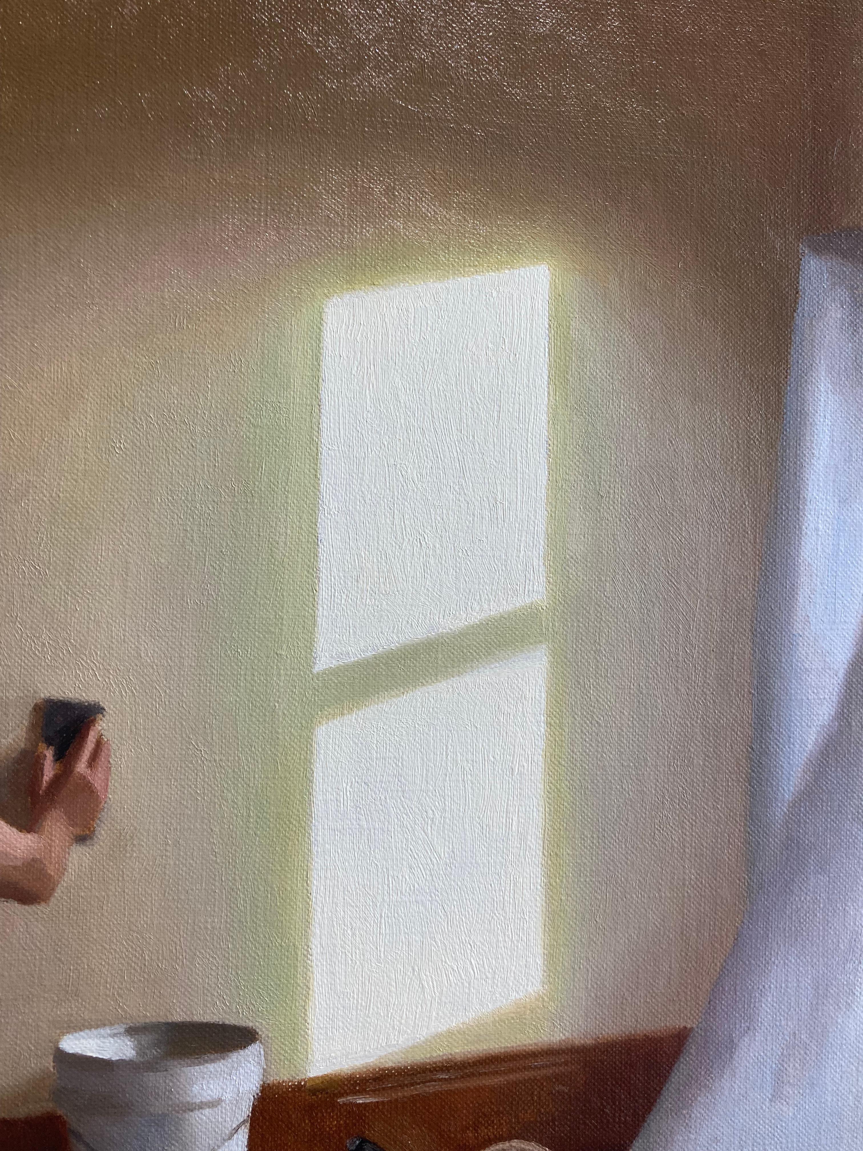 An oil painting by American Realist painter, Steven J. Levin. 

A male figure sits alone in a room, sanding the wall. Clearly preparing the room for refurbishment, a white tarp is cast along the floor, beneath his work area, and up to an open