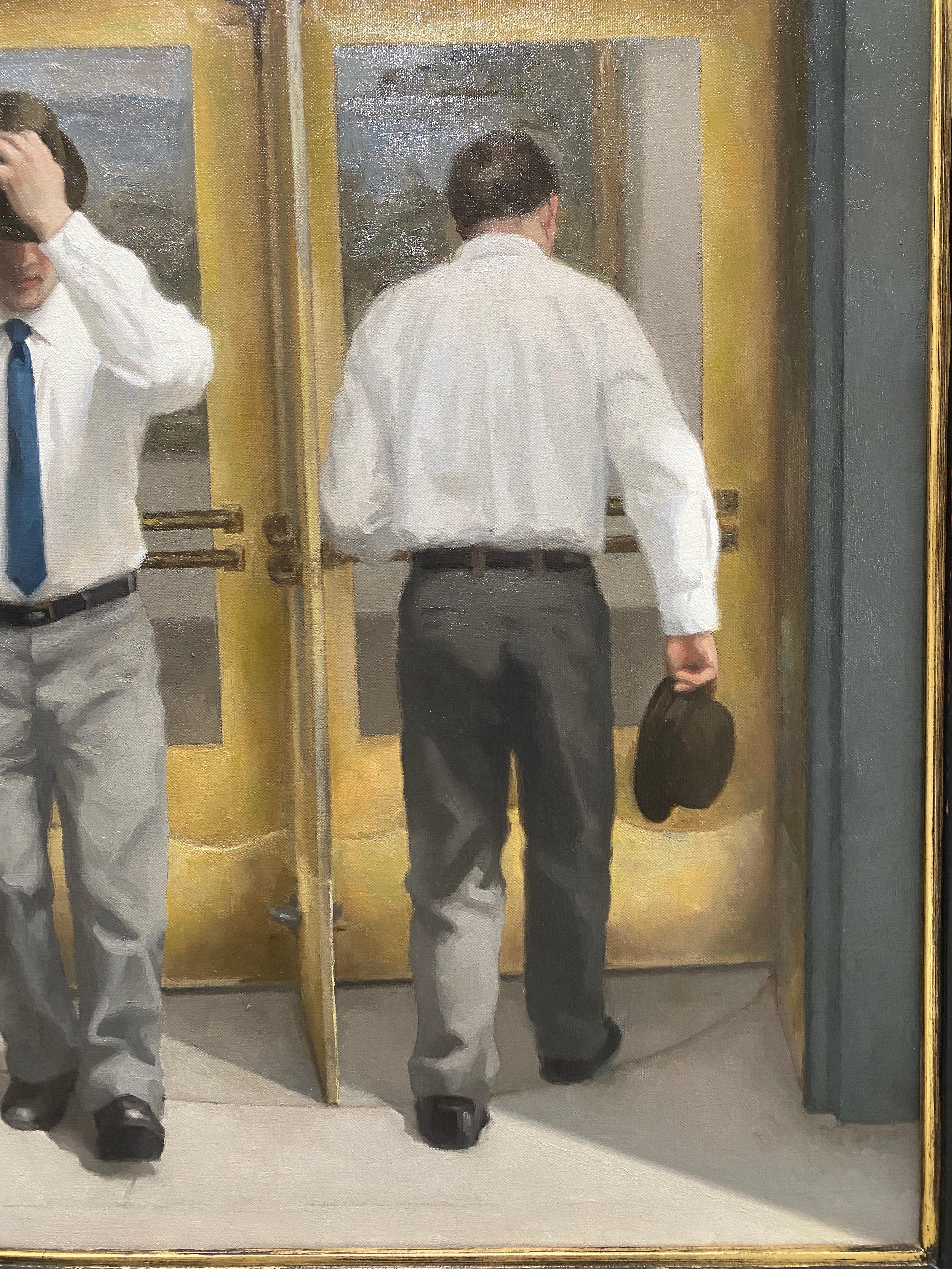 An oil painting of figures moving through a revolving door. The narrative isn't clear, if this is two different men, one exiting the building, one entering. Or perhaps its more like a time lapse, where the figure exiting is the same as the figure