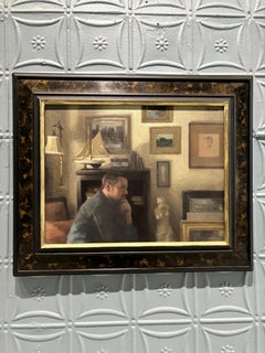 "Self-Portrait, Lamplight" pittura a olio, figura seduta all'interno di una casa, realismo