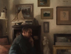 "Self Portrait, Lamplight" oil painting, seated figure inside house, realism