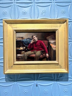 „Self Portrait, Sketch“ Ölgemälde, der Künstler in rotem Gedankenhemd, realistisch