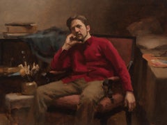 "Self Portrait, Sketch" oil painting, the artist in thought red shirt, realist