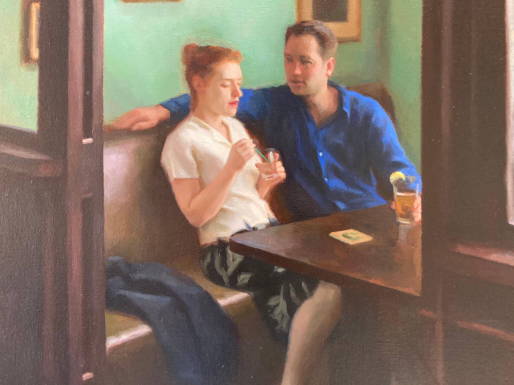The Locals - American Realist oil painting of a couple in a restaurant interior  - Black Interior Painting by Steven J. Levin