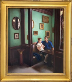 The Locals - Peinture à l'huile réaliste américaine représentant un couple dans un intérieur de restaurant 