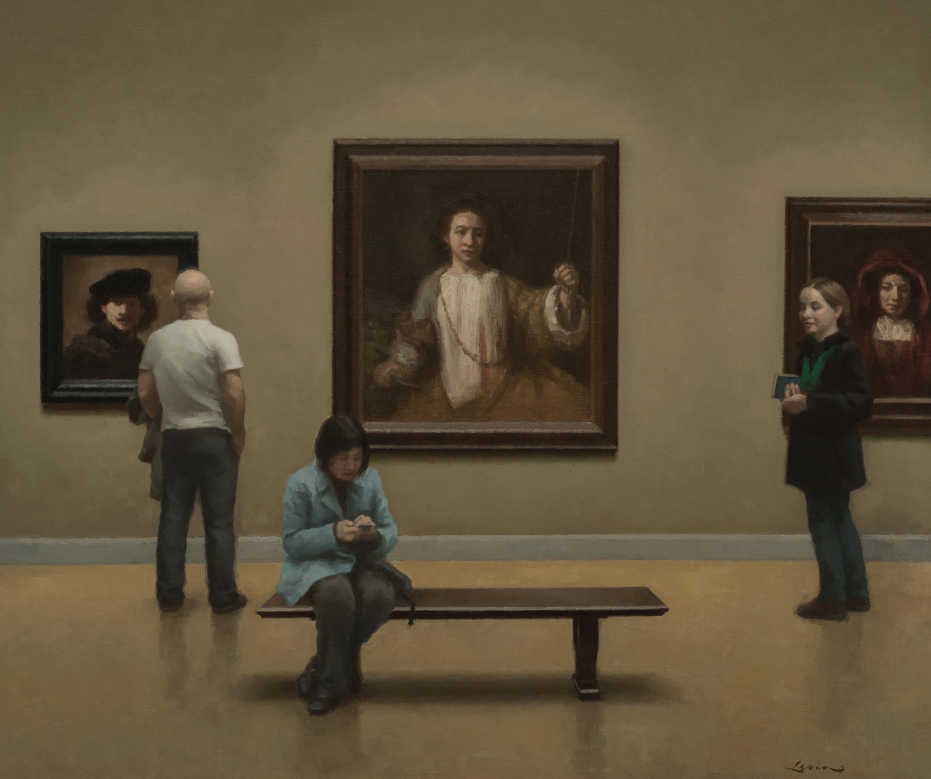 „Der Rembrandt-Raum“ – realistisches Gemälde in Öl auf Leinwand, Menschen in einem Museum