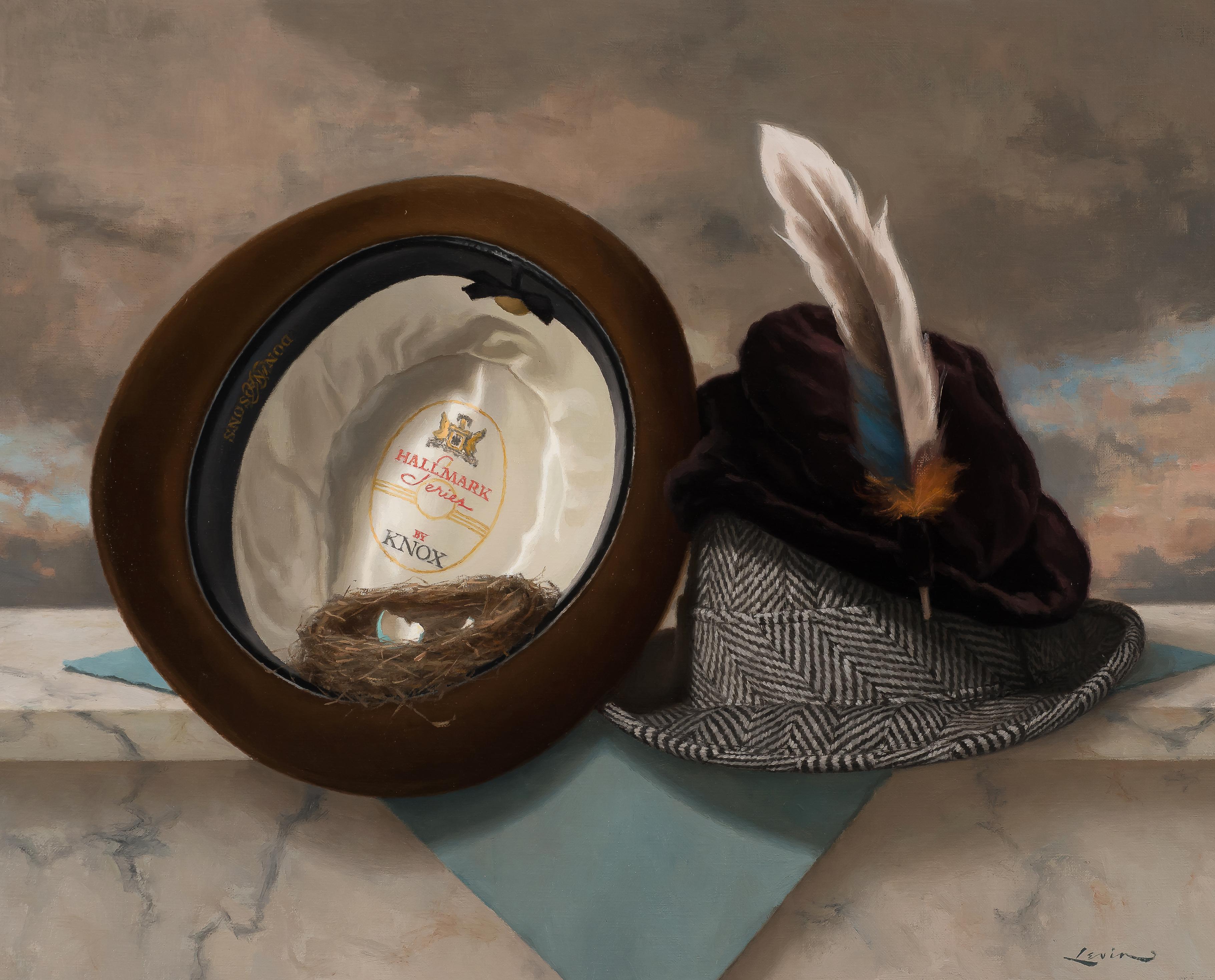 Steven J. Levin Landscape Painting - "Three Hats" classical still life with birds nest and egg