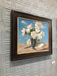 "Weiße Pfingstrosen mit Schleife" zeitgenössisches klassisches realistisches Stillleben