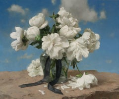 "Peonías blancas con lazo" pintura realista clásica contemporánea de bodegón