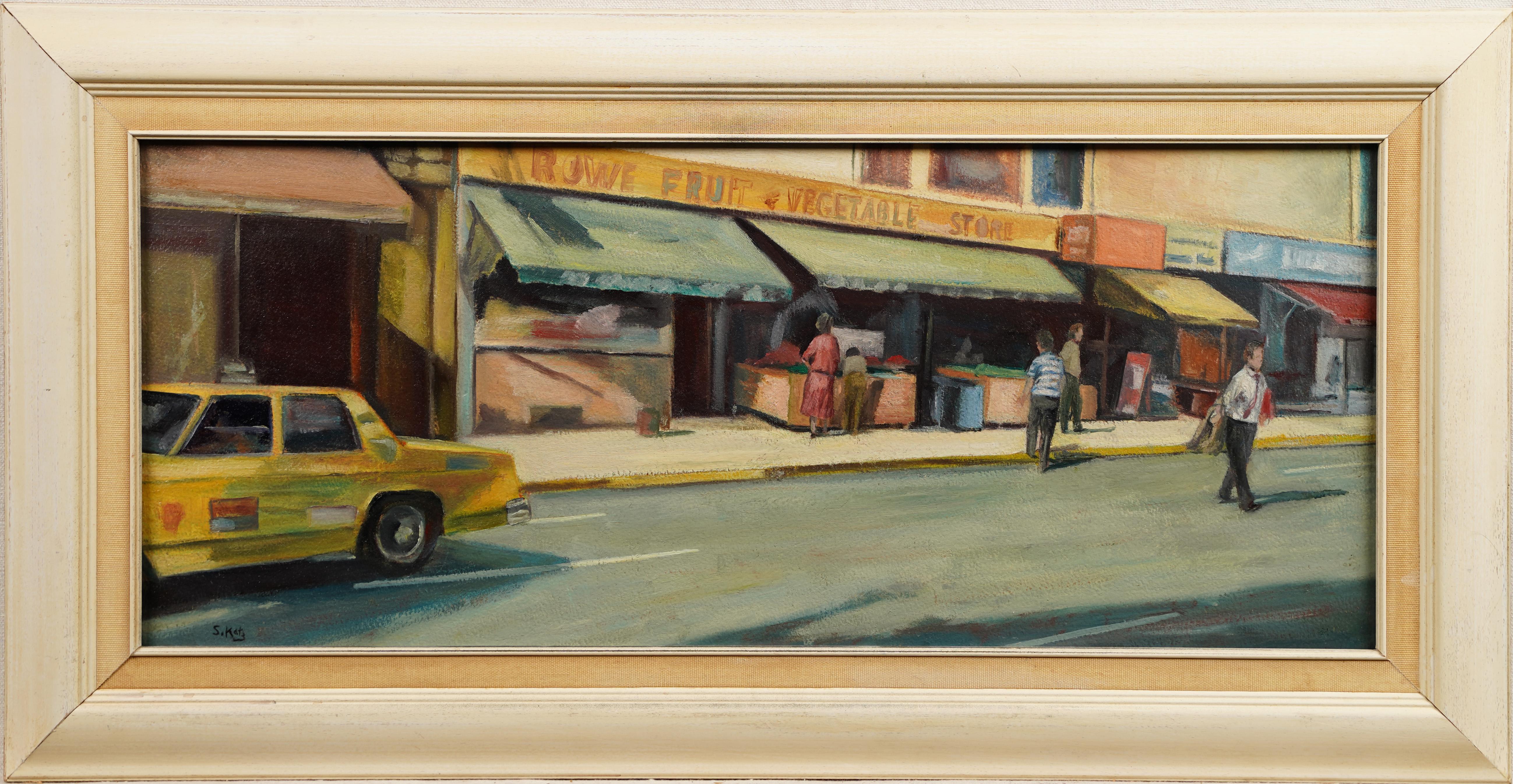 Vintage American Modernist Early New York City Street Scene Pintura al óleo - Painting de Steven Katz