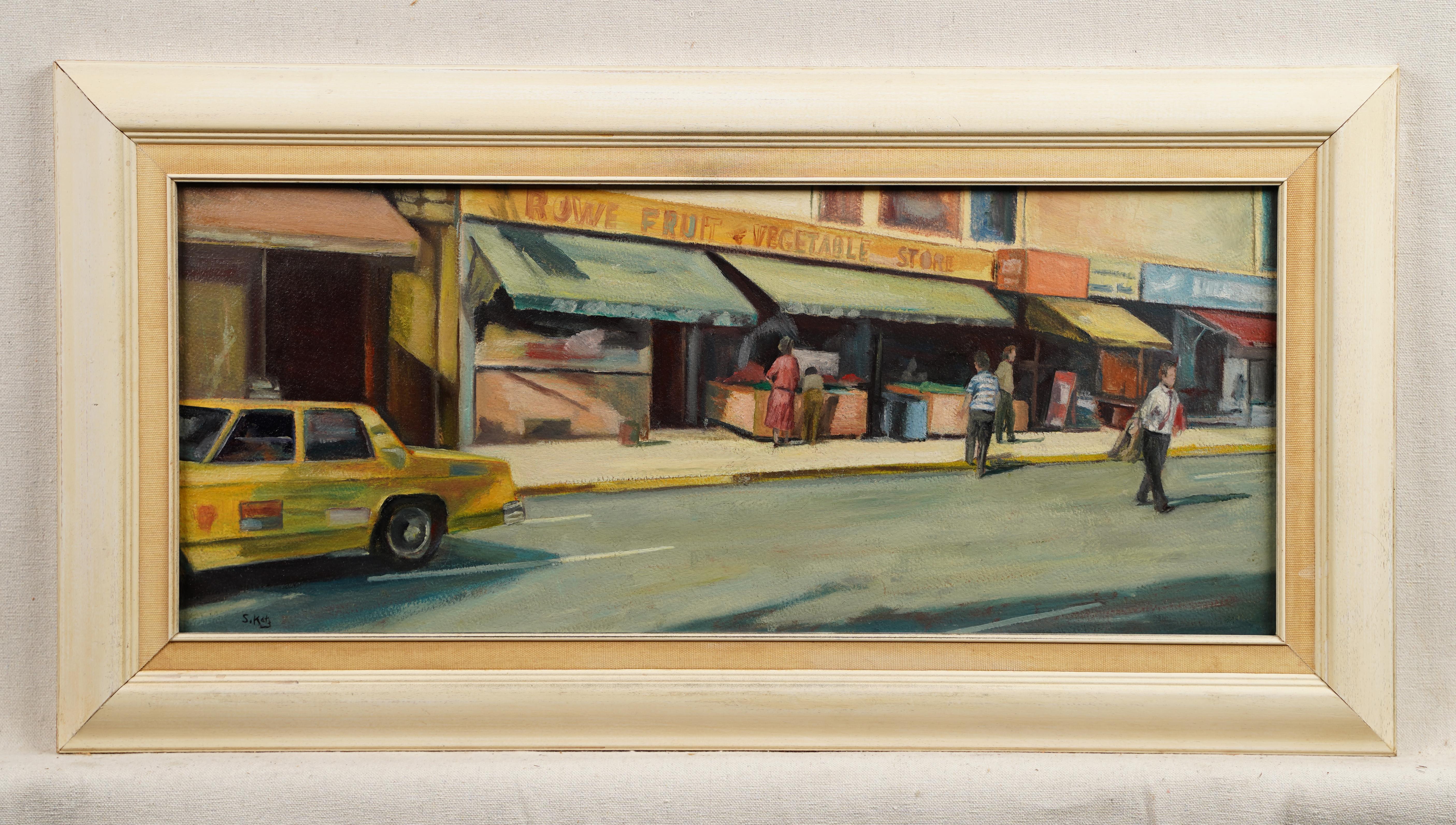 Vintage American Modernist Early New York City Street Scene Pintura al óleo - Painting Moderno de Steven Katz