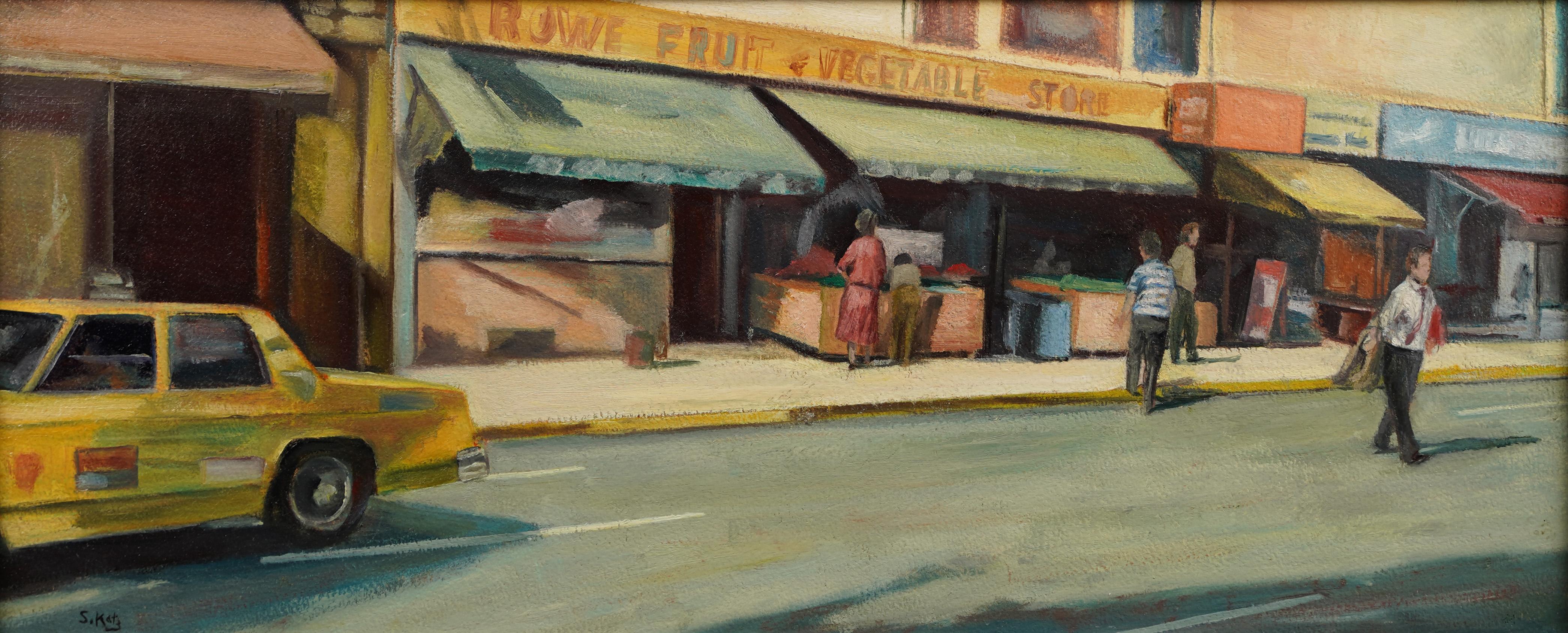 Vintage American Modernist Early New York City Street Scene Pintura al óleo - Landscape Painting Beige de Steven Katz