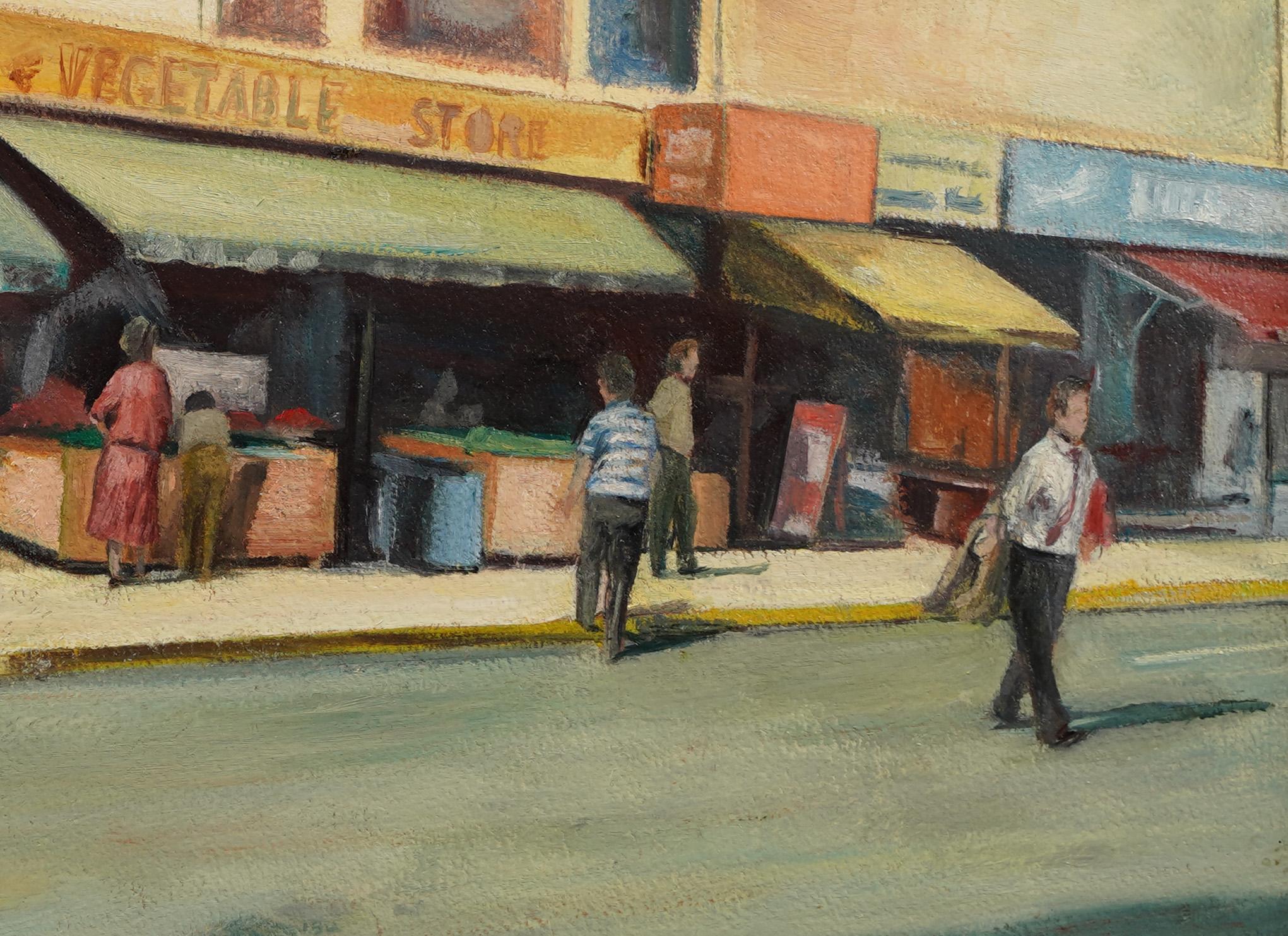 Antigua pintura al óleo de escena callejera firmada por un modernista estadounidense.  Óleo sobre tabla.  Firmado.  Enmarcado.  Tamaño de la imagen, 24L x 10H.