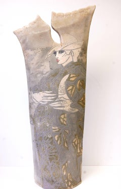 Large Raku Ceramic Floor Sculpture With Woman
